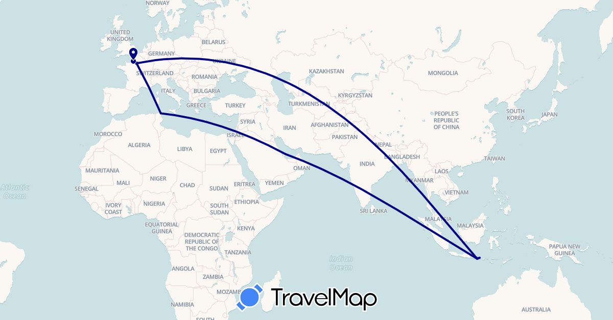 TravelMap itinerary: driving in France, Indonesia, Qatar, Tunisia (Africa, Asia, Europe)
